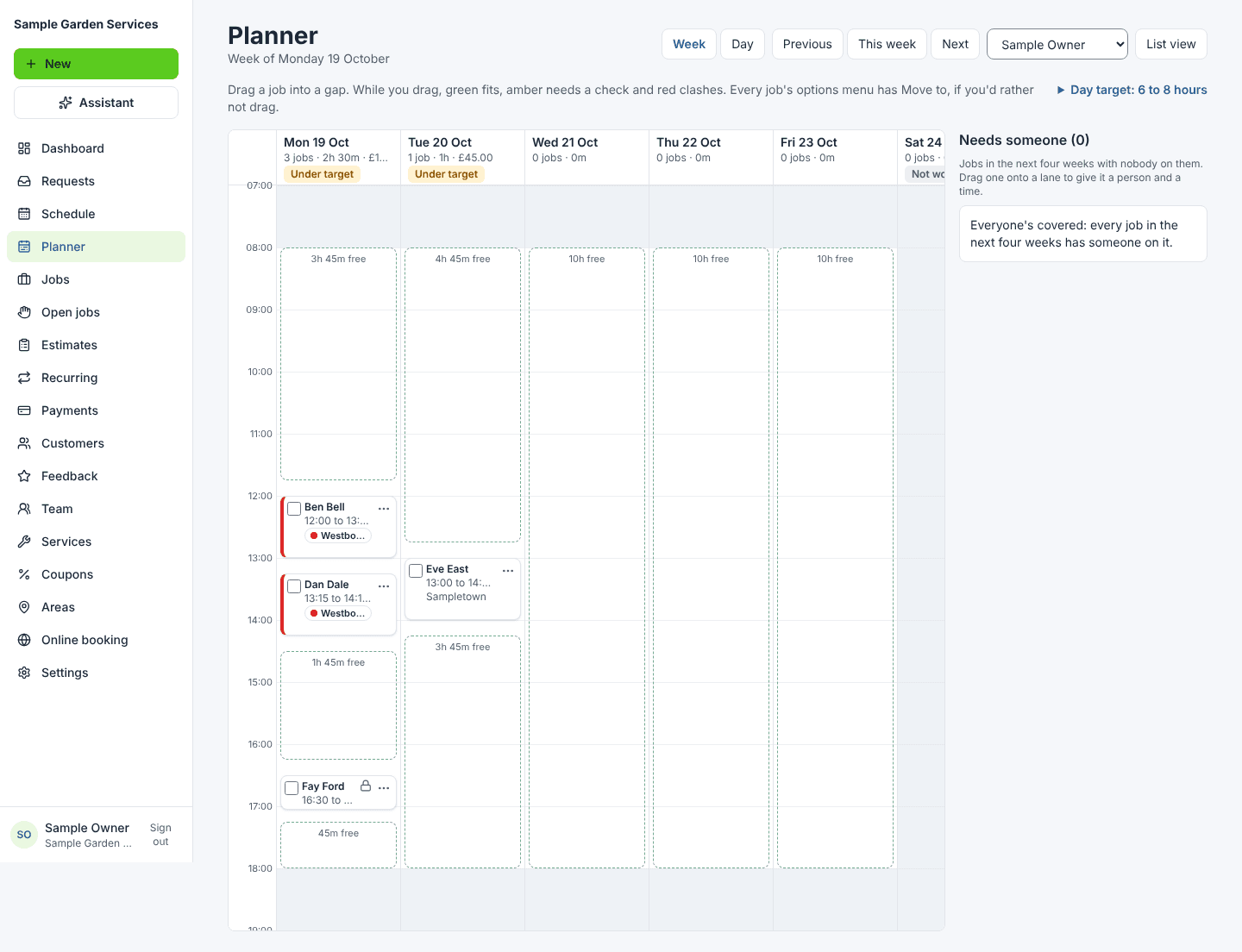 The planner: a week of jobs with the free time between them marked